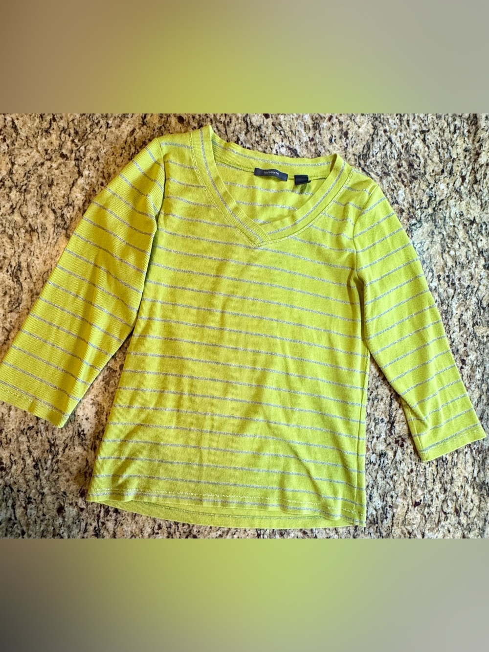 ❤️ Liz Claiborne Lime Green V-Neck 3/4 Sleeve Top Shirt Silver Stripes (B9)